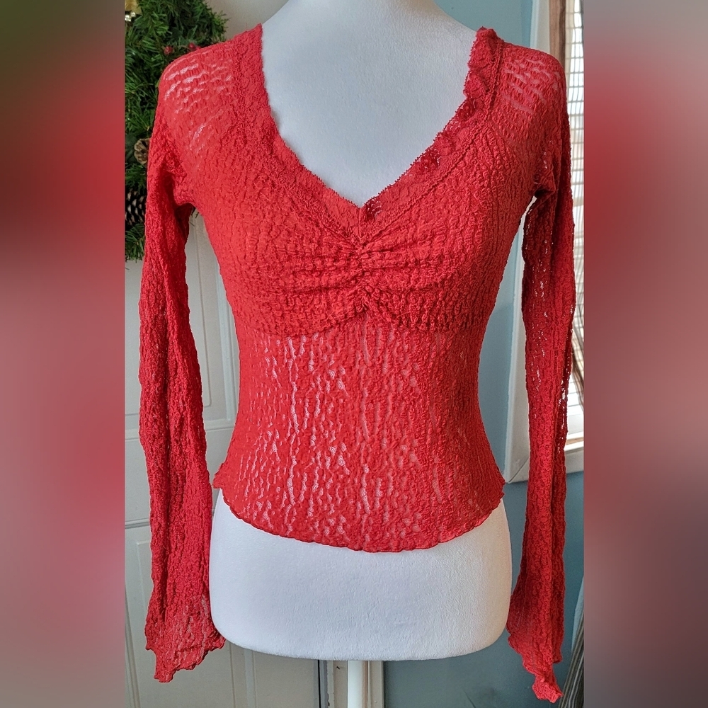 Silence + Noise Urban Outfitters Y2K Sheer Cropp Long Sleeve Top Womens S Red La
